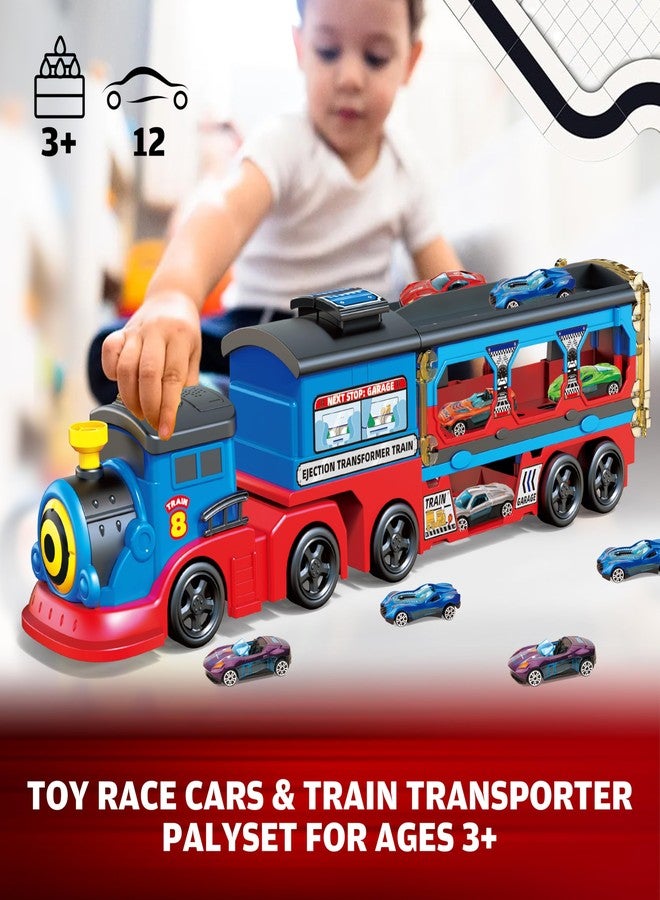 BuddyBight Train Set for Toddlers, Carrier Toy Truck w/54 Inch Foldable Race Track, 12 Die Cast Car Toys for Ages 2-4, Train Toy Semi Truck w/Light & Sound, Kids' Play Cars & Race Cars Trains Gift for Boys Girls - Image 2